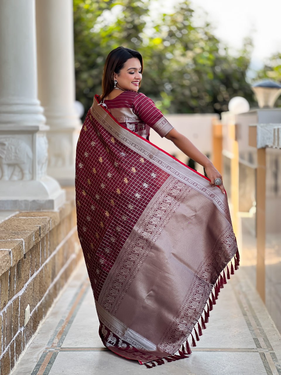 Rich Rani Pink Silk Saree with Silver Zari Animal Motifs