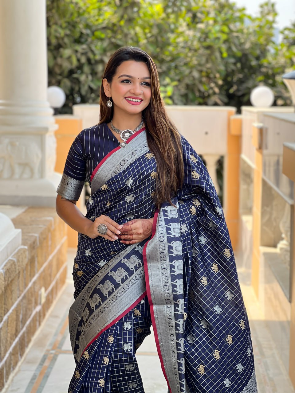 Majestic Navy Blue Silk Saree with Silver Zari Animal Motifs