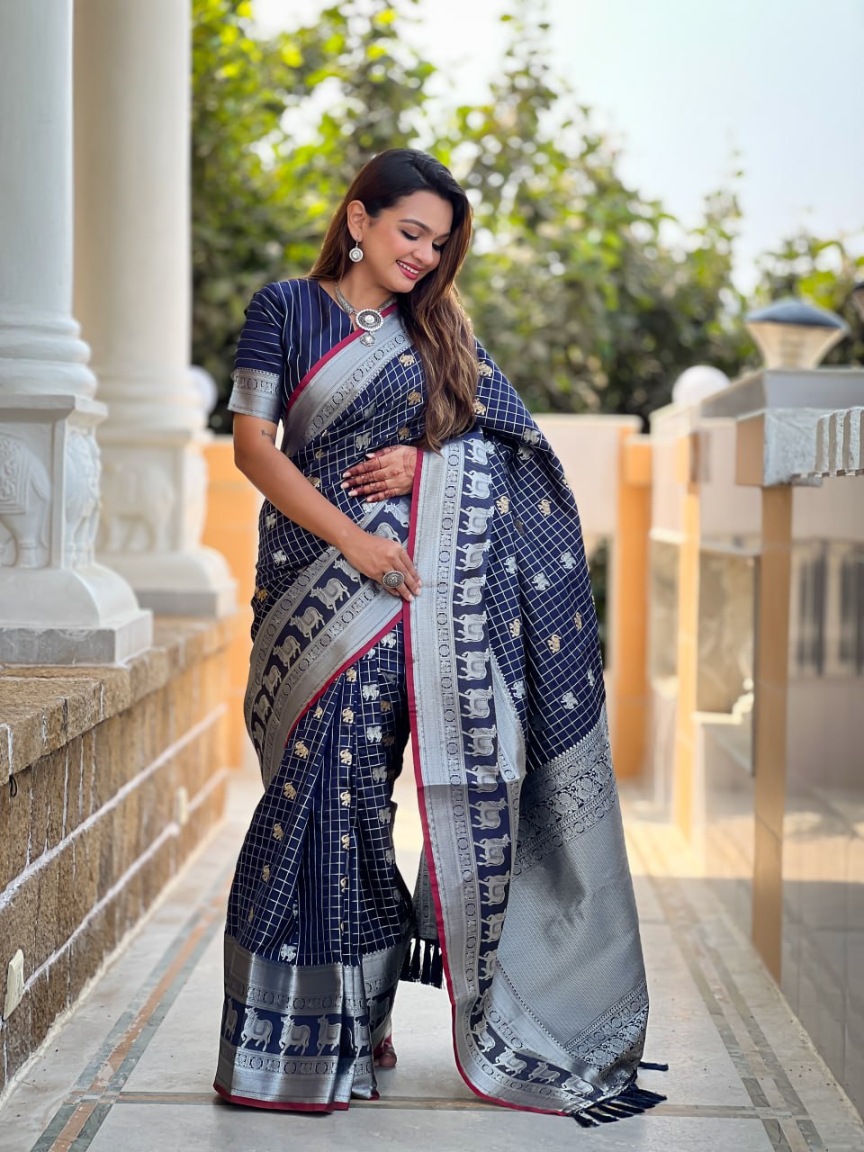 Majestic Navy Blue Silk Saree with Silver Zari Animal Motifs