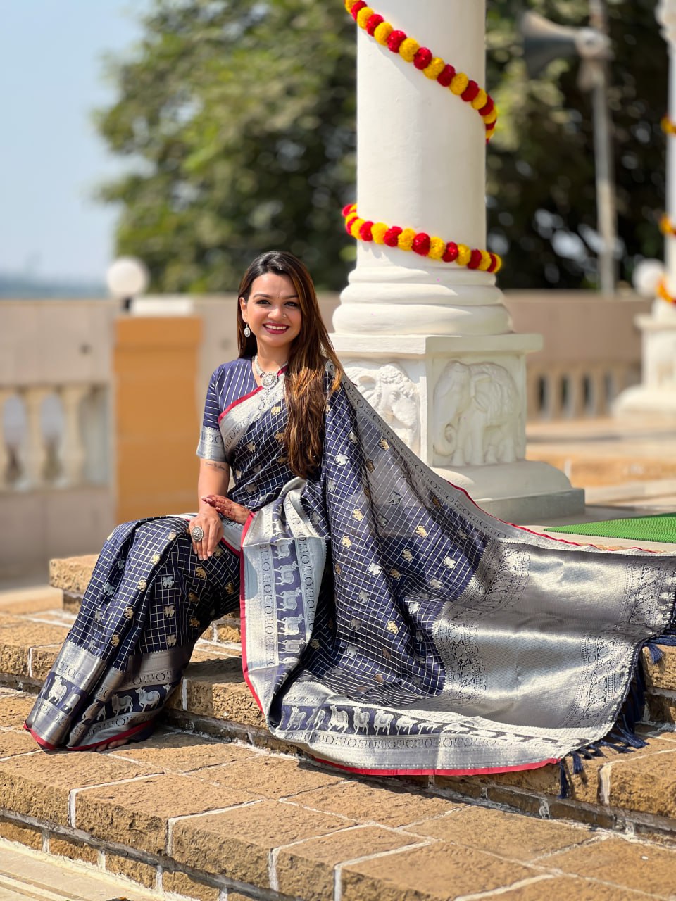 Majestic Navy Blue Silk Saree with Silver Zari Animal Motifs