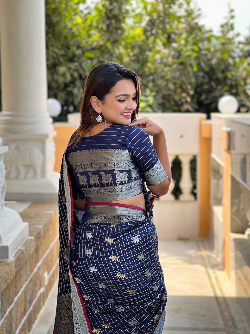 Majestic Navy Blue Silk Saree with Silver Zari Animal Motifs