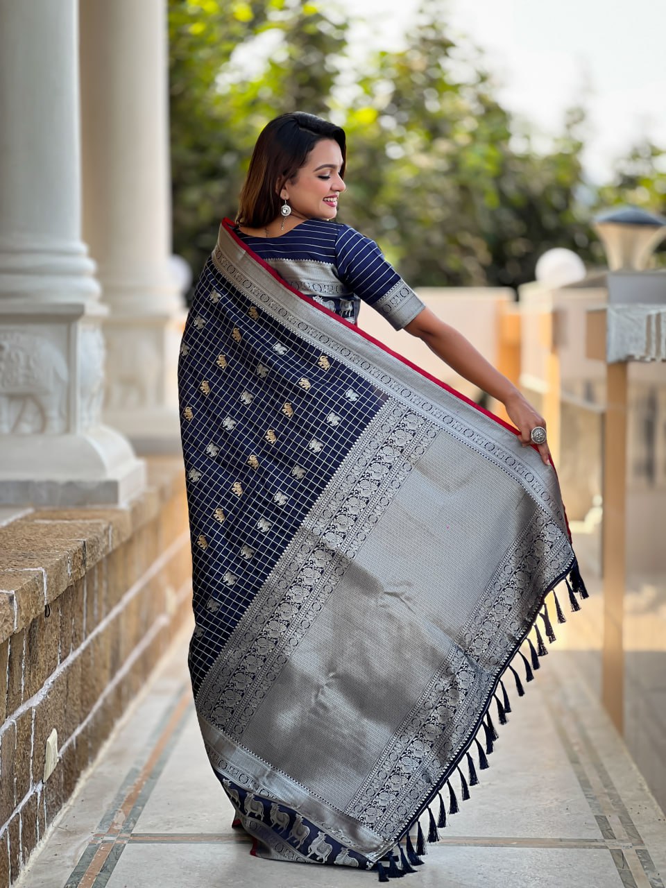 Majestic Navy Blue Silk Saree with Silver Zari Animal Motifs
