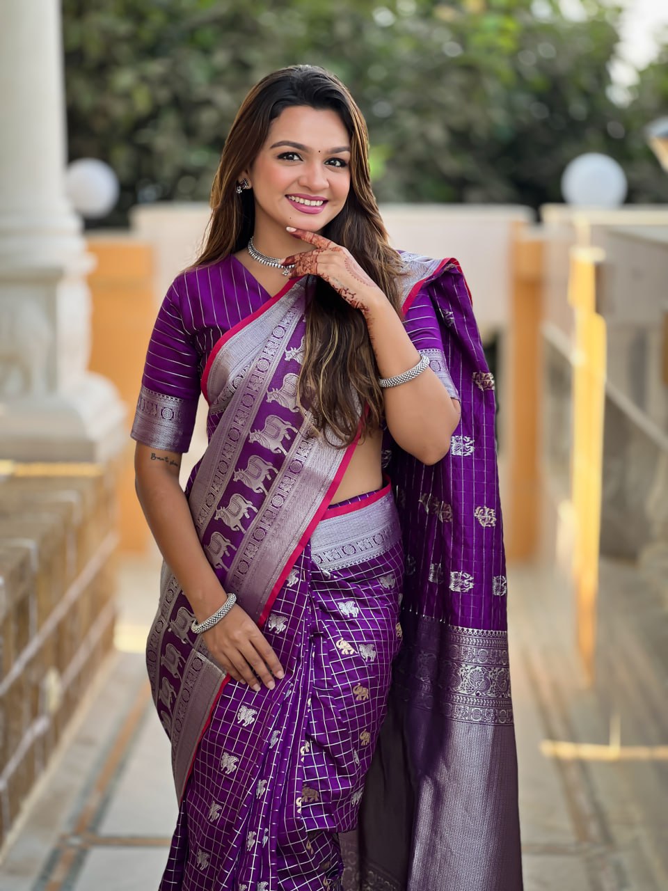 Regal Purple Silk Saree with Silver Zari Animal Motifs