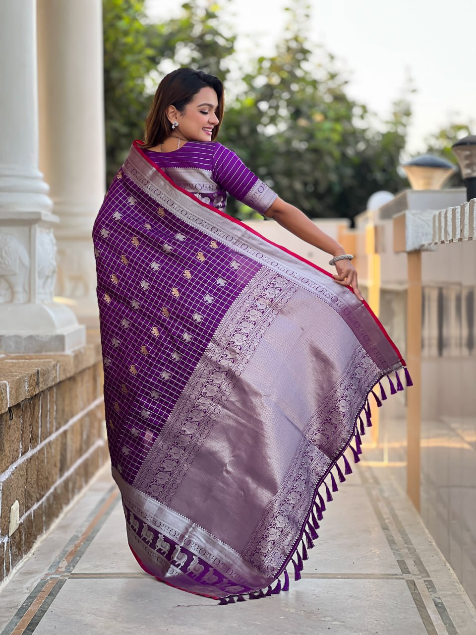 Regal Purple Silk Saree with Silver Zari Animal Motifs