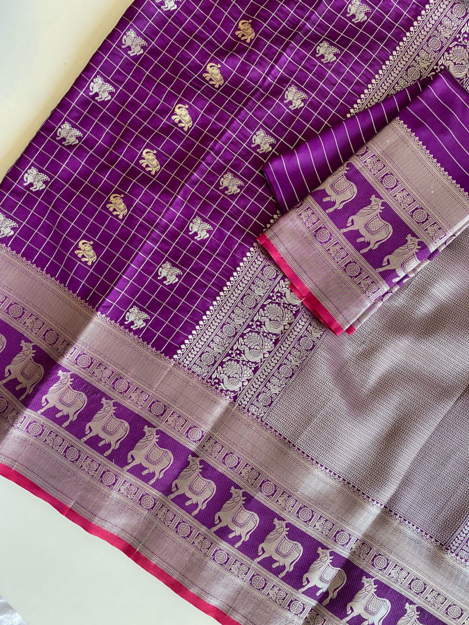 Regal Purple Silk Saree with Silver Zari Animal Motifs