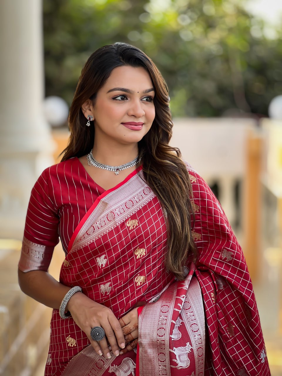 Elegant Maroon-Red Silk Saree with Zari Elephant & Lion Motifs