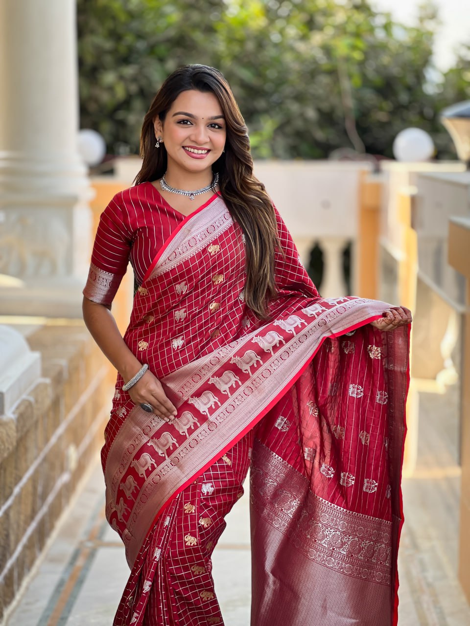 Elegant Maroon-Red Silk Saree with Zari Elephant & Lion Motifs