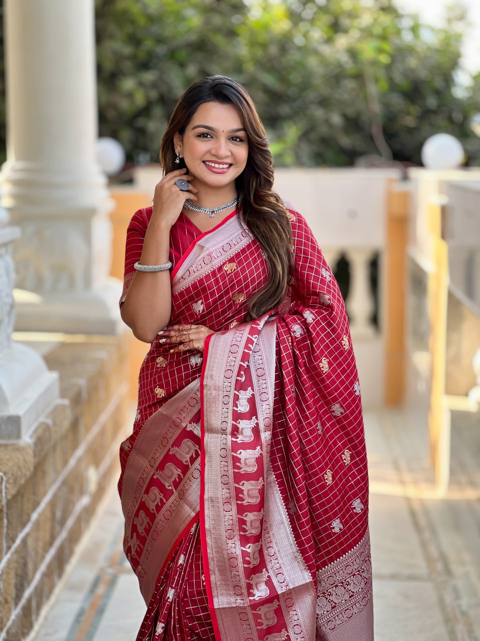 Elegant Maroon-Red Silk Saree with Zari Elephant & Lion Motifs