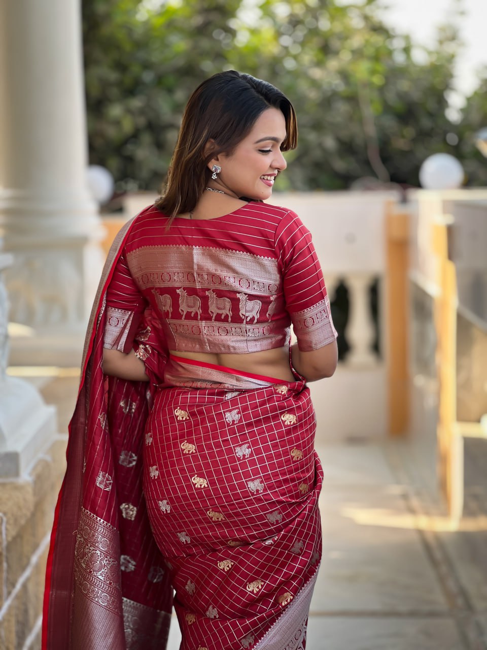 Elegant Maroon-Red Silk Saree with Zari Elephant & Lion Motifs