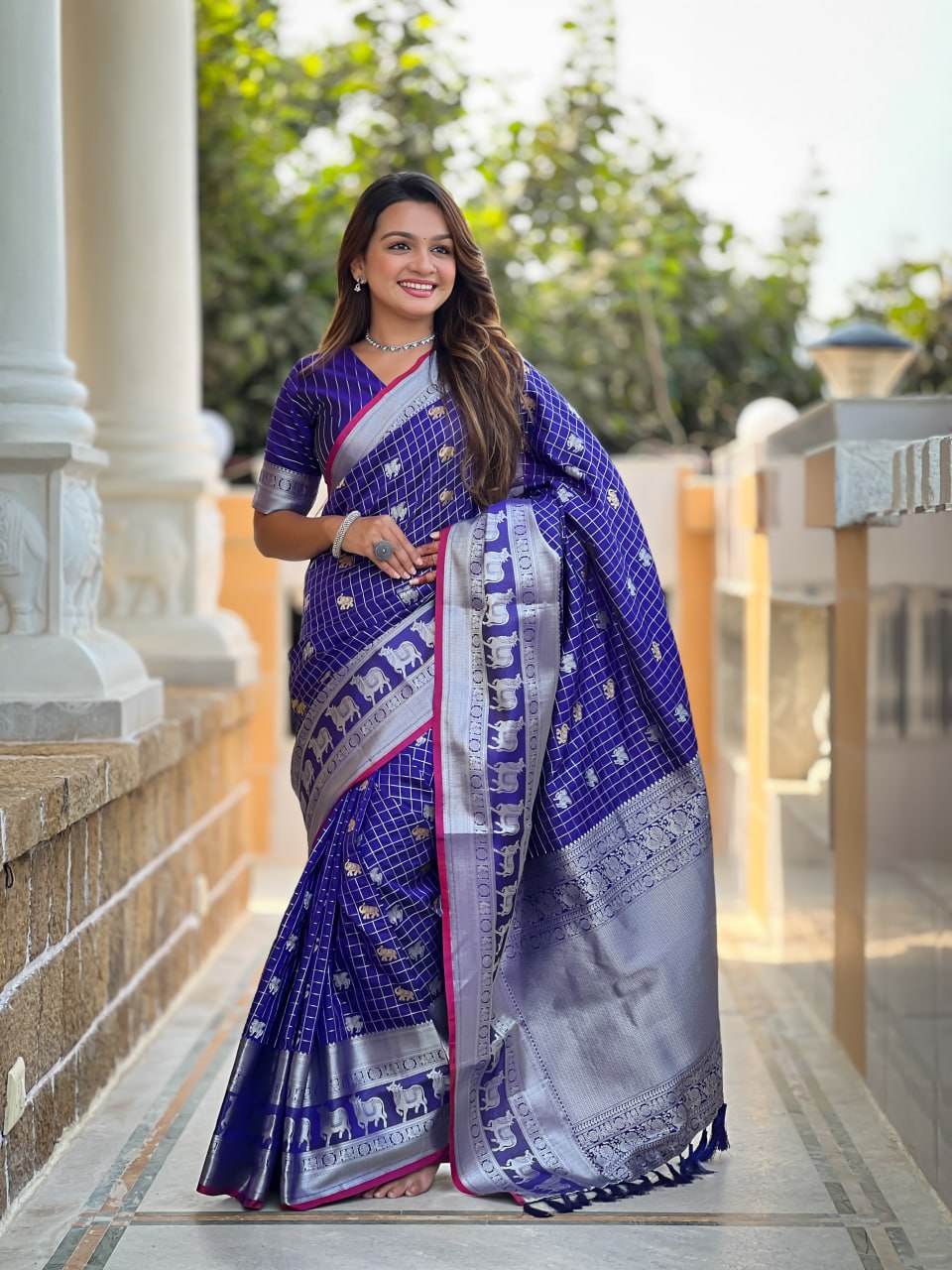 Regal Purple Silk Saree with Zari Animal Motifs