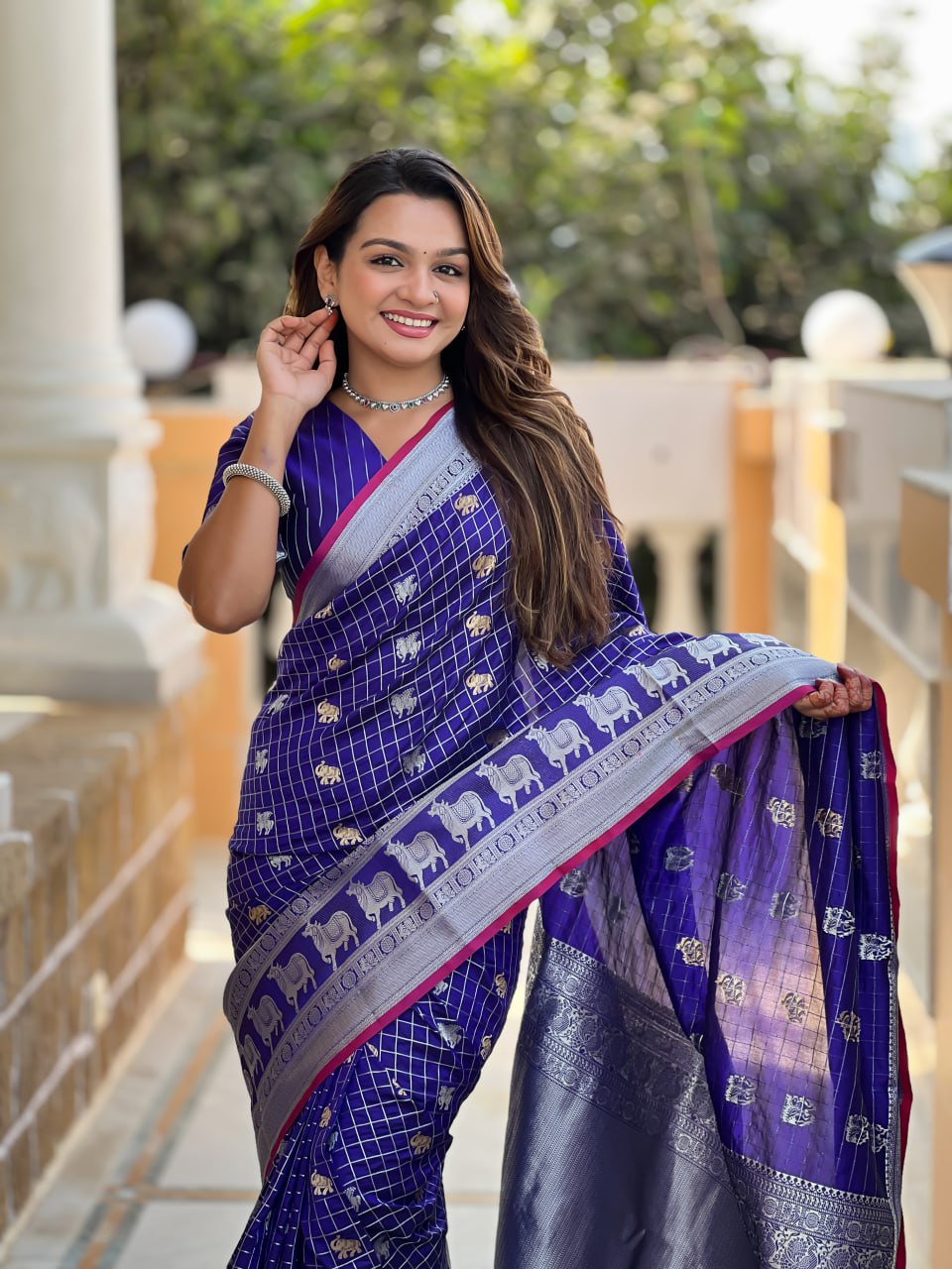 Regal Purple Silk Saree with Zari Animal Motifs