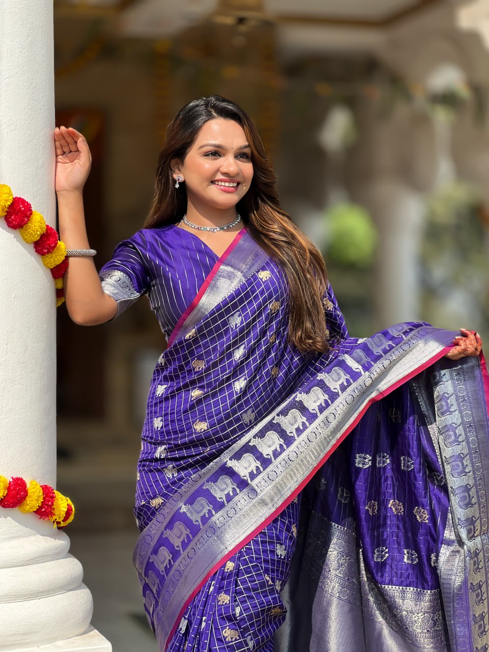 Regal Purple Silk Saree with Zari Animal Motifs