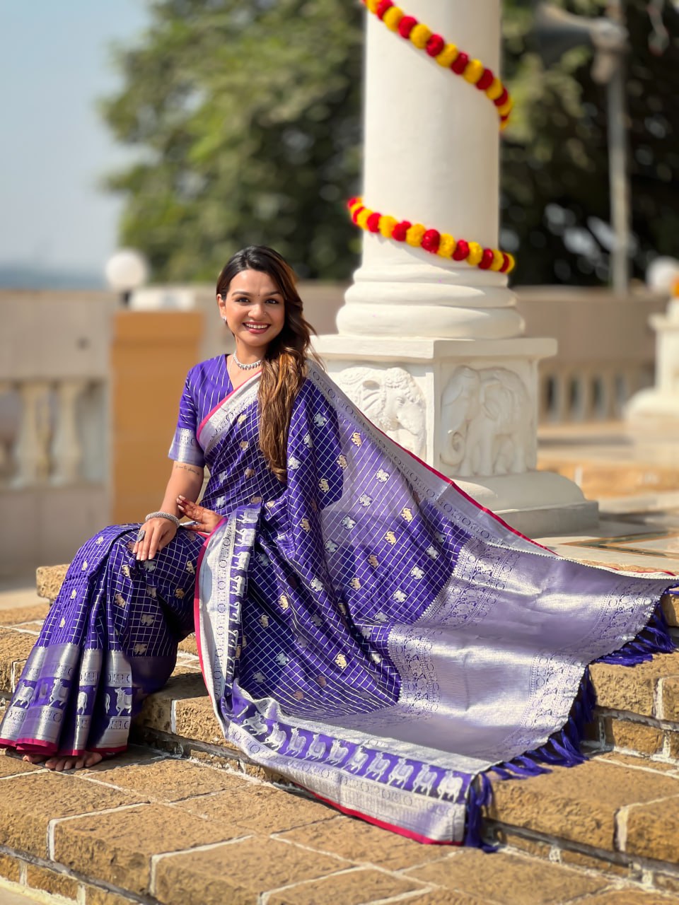 Regal Purple Silk Saree with Zari Animal Motifs