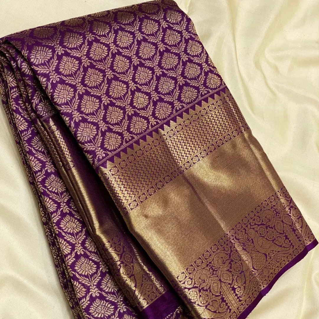 Royal Purple Kanchipuram Silk Saree with Antique Gold Zari Butta