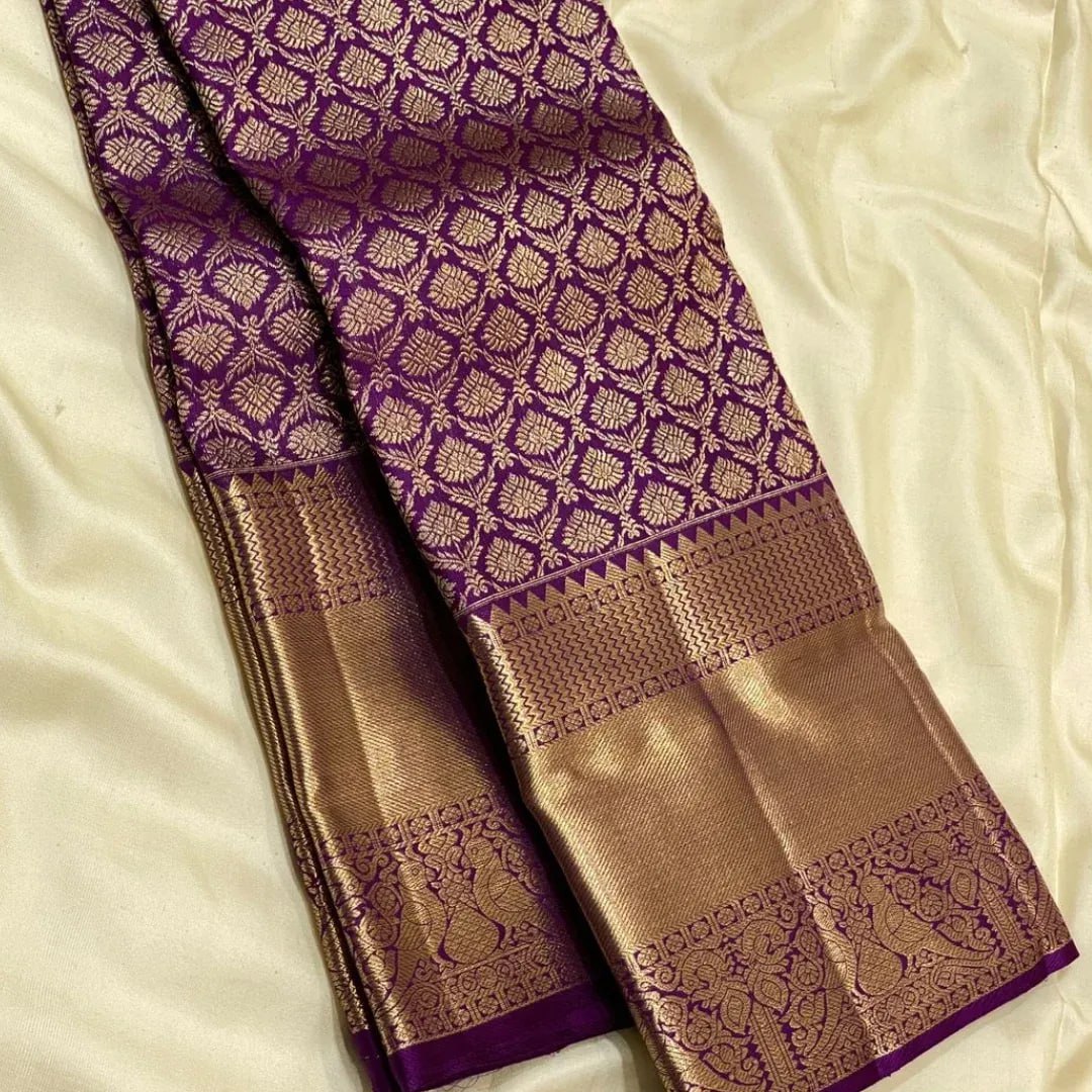 Royal Purple Kanchipuram Silk Saree with Antique Gold Zari Butta