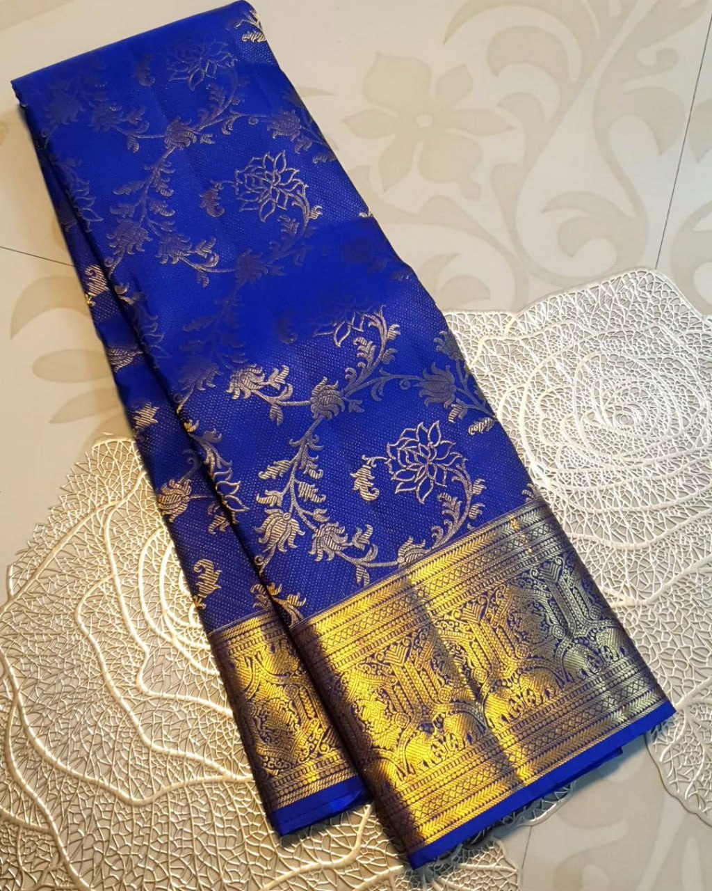 Majestic Royal Blue Kanchipuram Silk Saree with Intricate Floral Zari