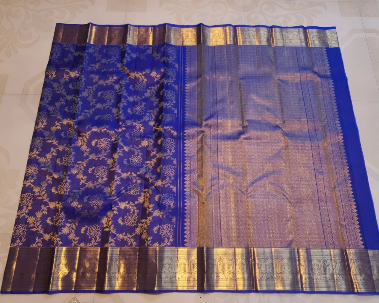 Majestic Royal Blue Kanchipuram Silk Saree with Intricate Floral Zari