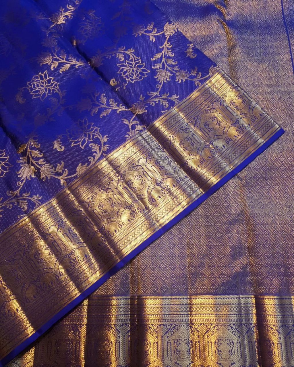 Majestic Royal Blue Kanchipuram Silk Saree with Intricate Floral Zari