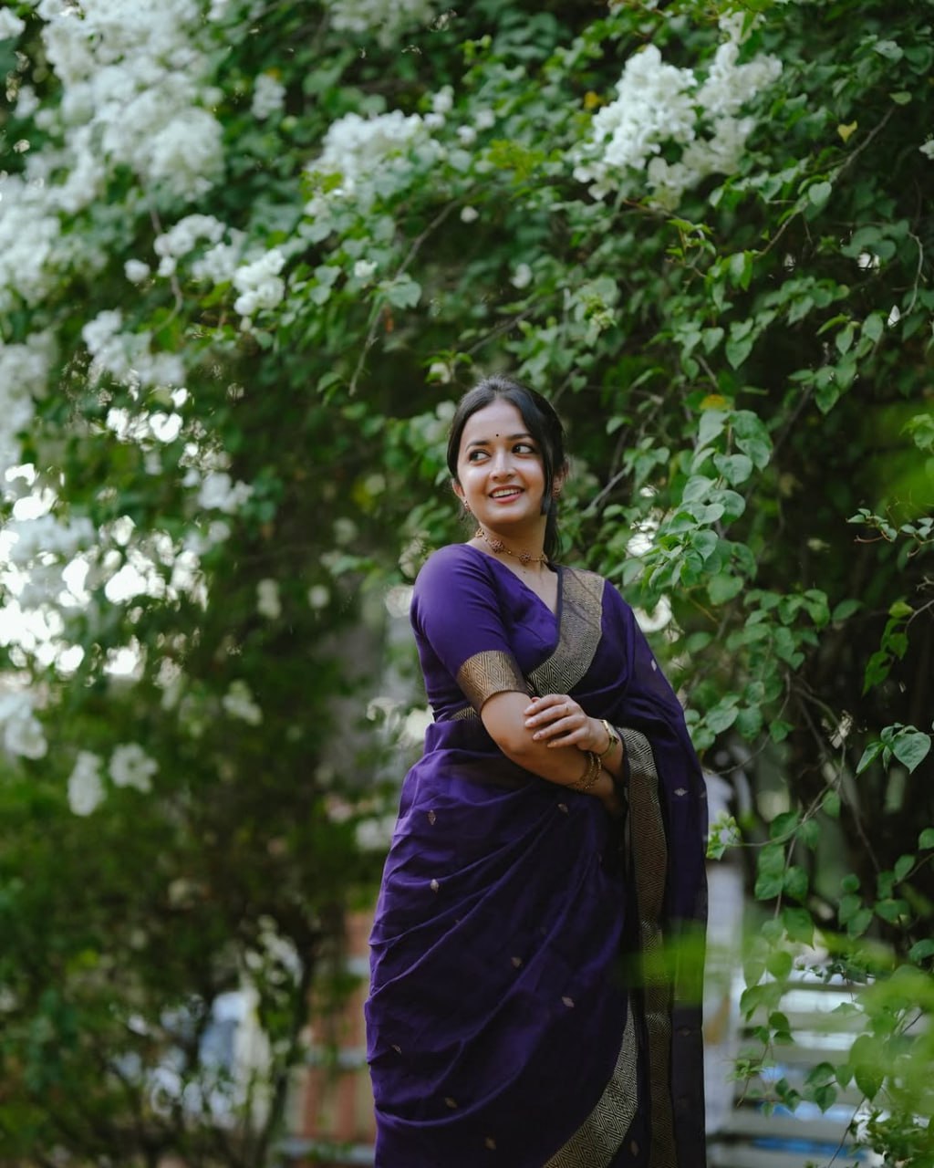 Royal Violet Banarasi Silk Saree with Silver Zari Buttas and Border