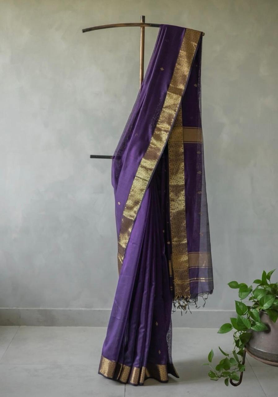 Royal Violet Banarasi Silk Saree with Silver Zari Buttas and Border