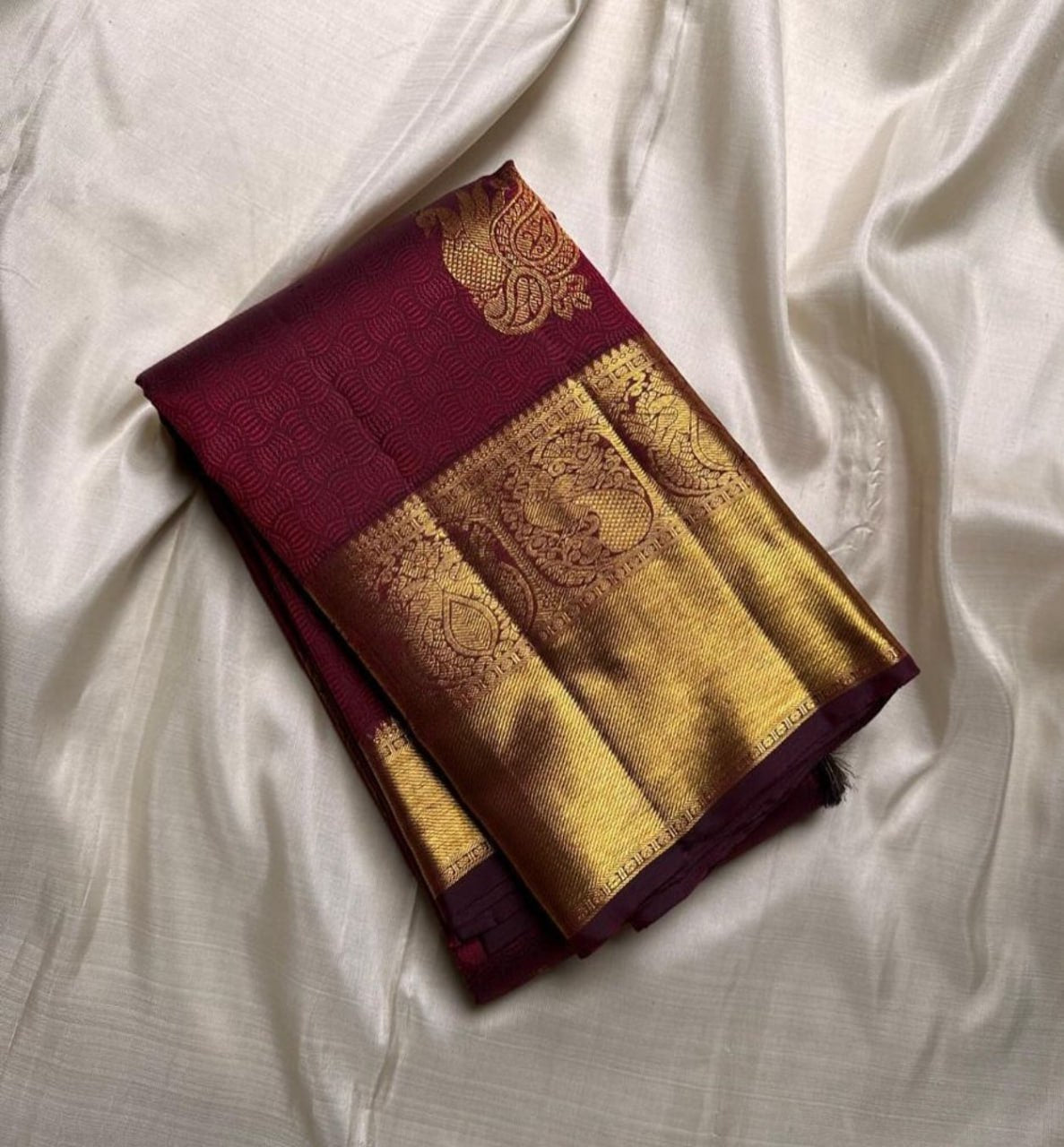 Majestic Maroon Kanjivaram Silk Saree with Gold Zari Peacock & Paisley Border