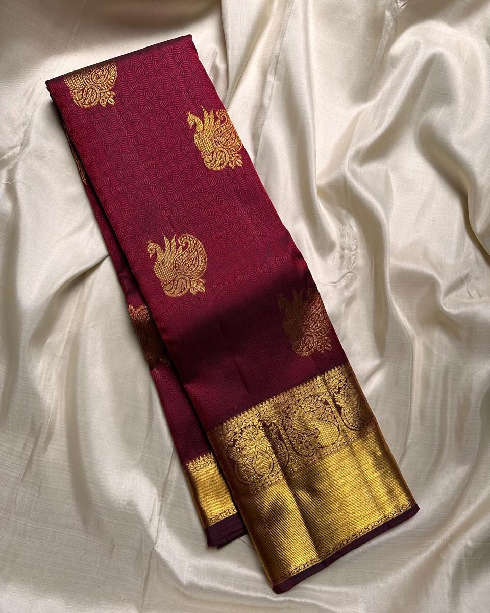 Majestic Maroon Kanjivaram Silk Saree with Gold Zari Peacock & Paisley Border