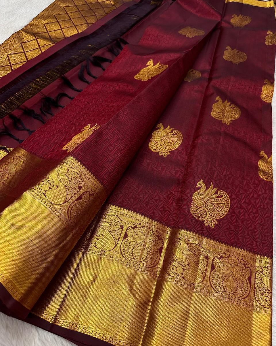 Majestic Maroon Kanjivaram Silk Saree with Gold Zari Peacock & Paisley Border