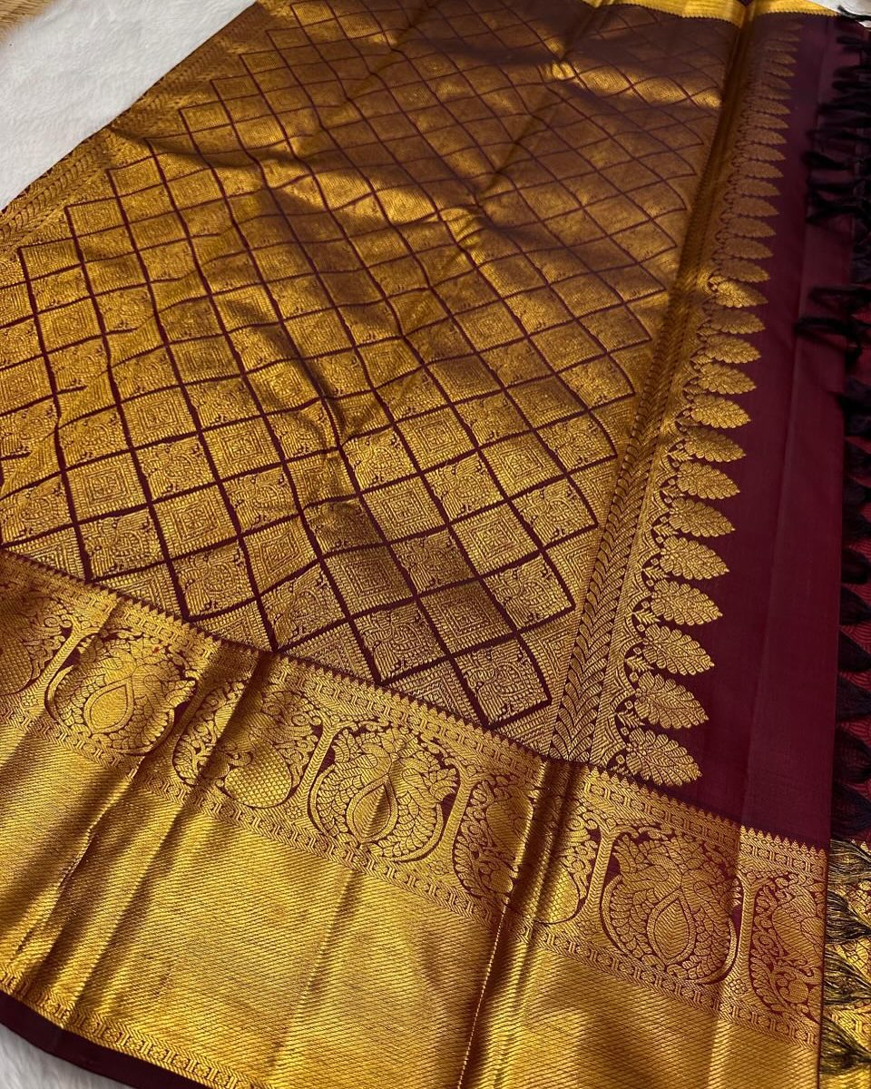 Majestic Maroon Kanjivaram Silk Saree with Gold Zari Peacock & Paisley Border