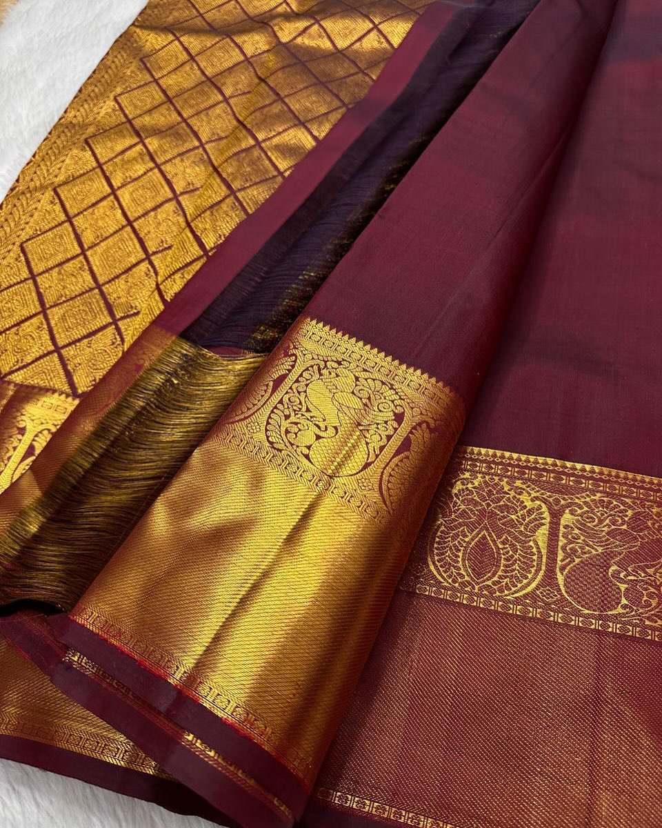 Majestic Maroon Kanjivaram Silk Saree with Gold Zari Peacock & Paisley Border