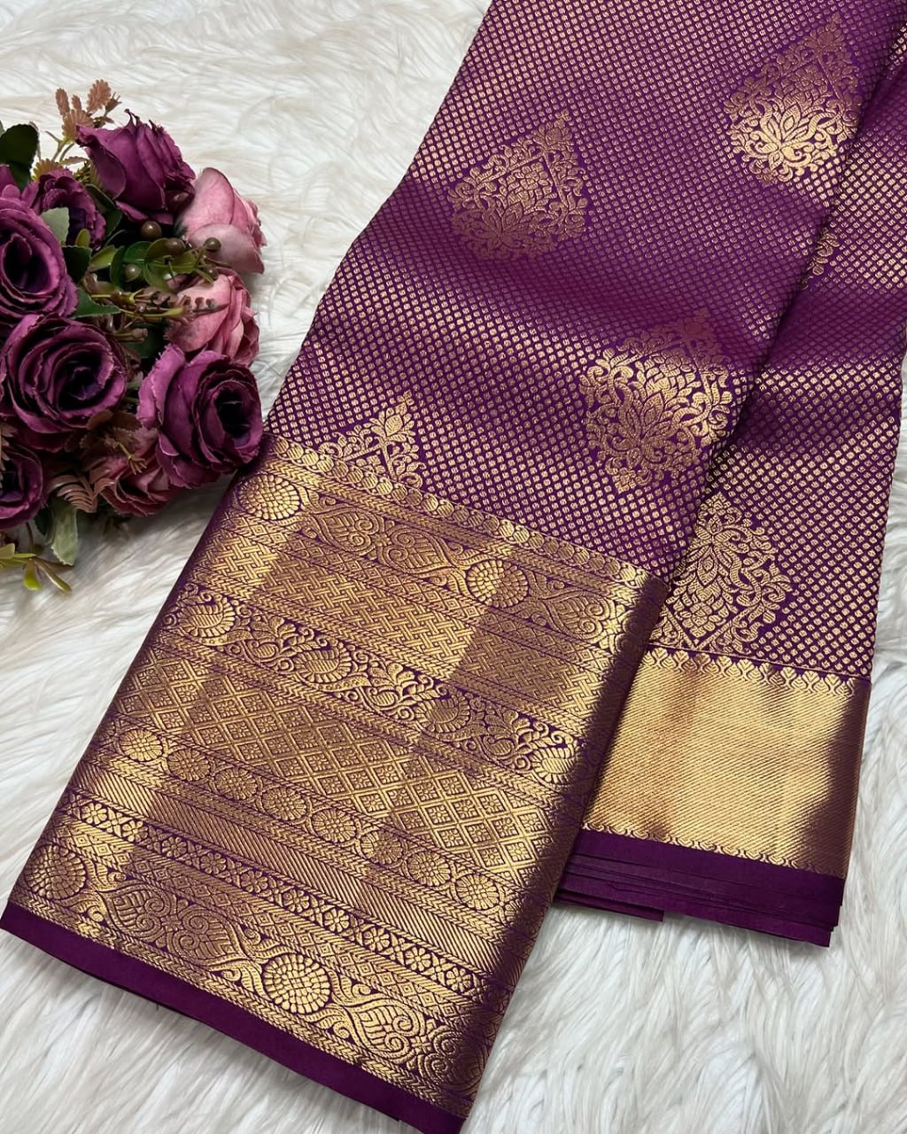 Royal Purple Kanjivaram Silk Saree with Heavy Gold Zari Pallu & Buttas