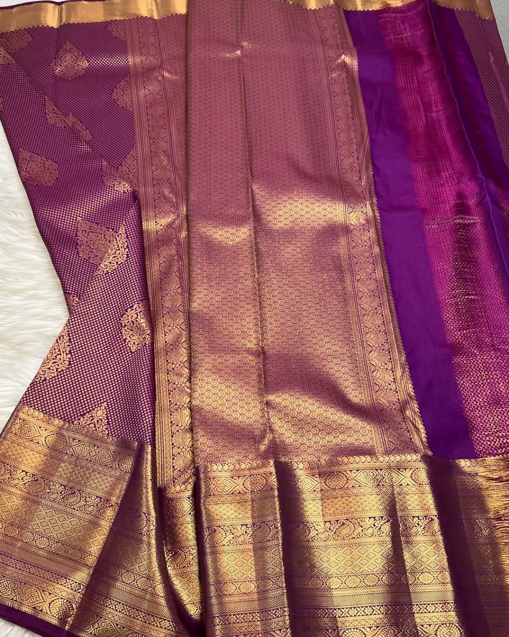Royal Purple Kanjivaram Silk Saree with Heavy Gold Zari Pallu & Buttas
