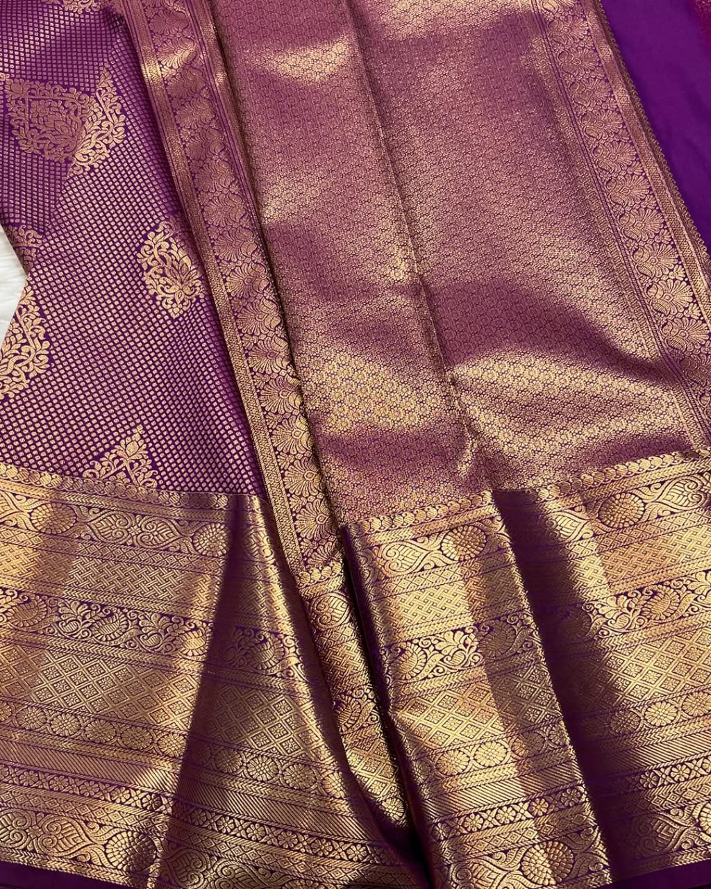 Royal Purple Kanjivaram Silk Saree with Heavy Gold Zari Pallu & Buttas