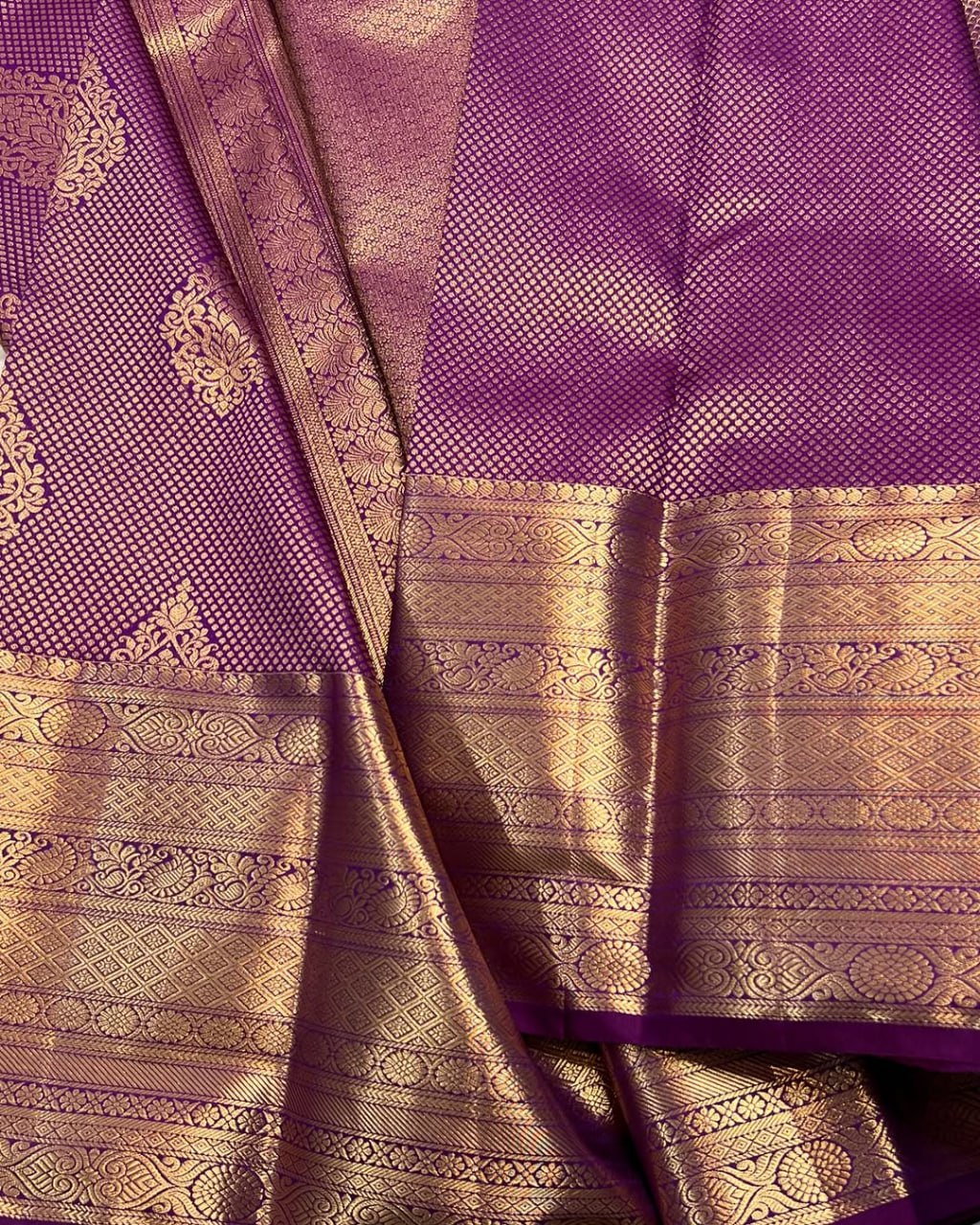 Royal Purple Kanjivaram Silk Saree with Heavy Gold Zari Pallu & Buttas