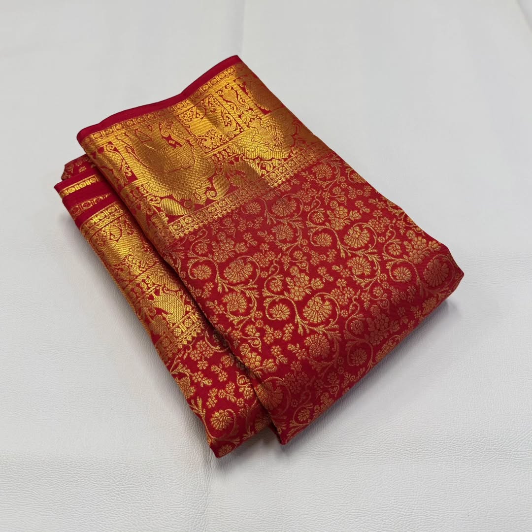 Red Kanjivaram Silk Saree with Rich Golden Zari & Peacock Motifs
