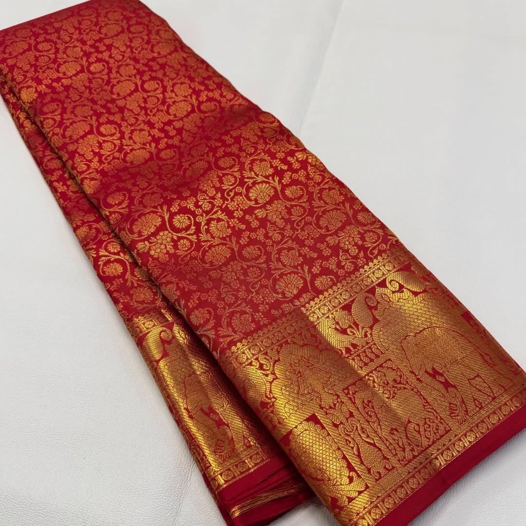 Red Kanjivaram Silk Saree with Rich Golden Zari & Peacock Motifs