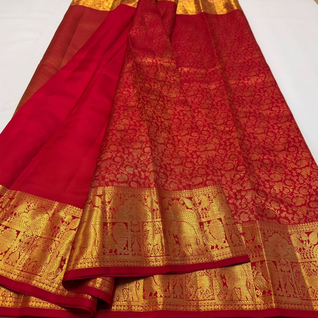 Red Kanjivaram Silk Saree with Rich Golden Zari & Peacock Motifs
