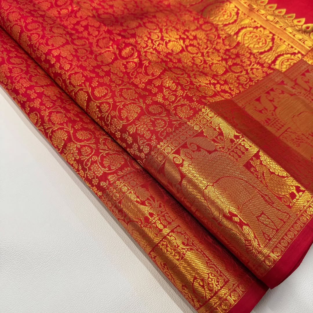 Red Kanjivaram Silk Saree with Rich Golden Zari & Peacock Motifs