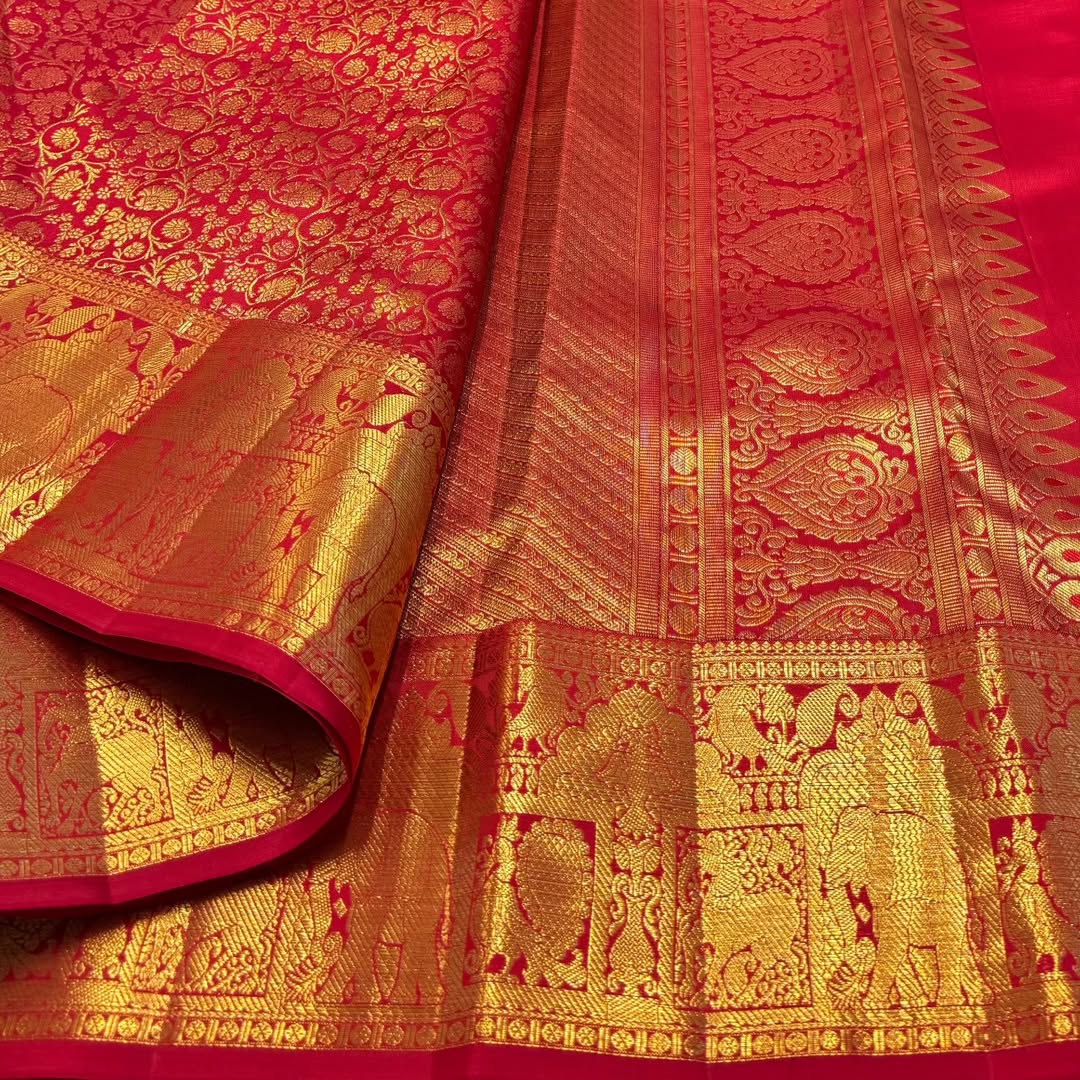Red Kanjivaram Silk Saree with Rich Golden Zari & Peacock Motifs