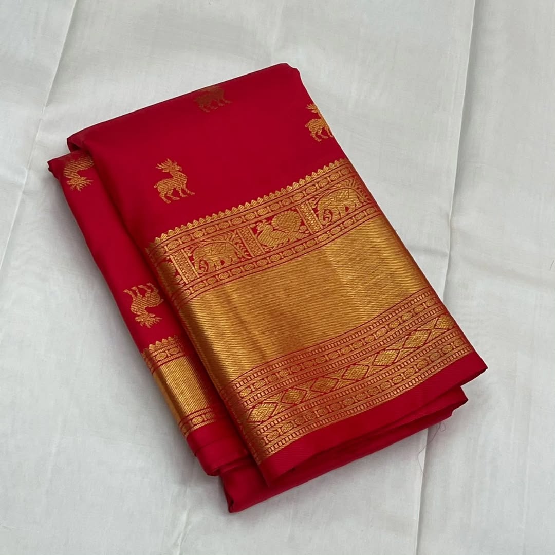 Red Pure Kanjivaram Silk Saree with Golden Zari Animal Motifs