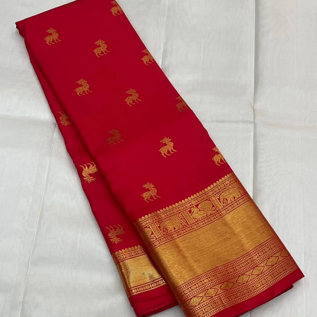 Red Pure Kanjivaram Silk Saree with Golden Zari Animal Motifs