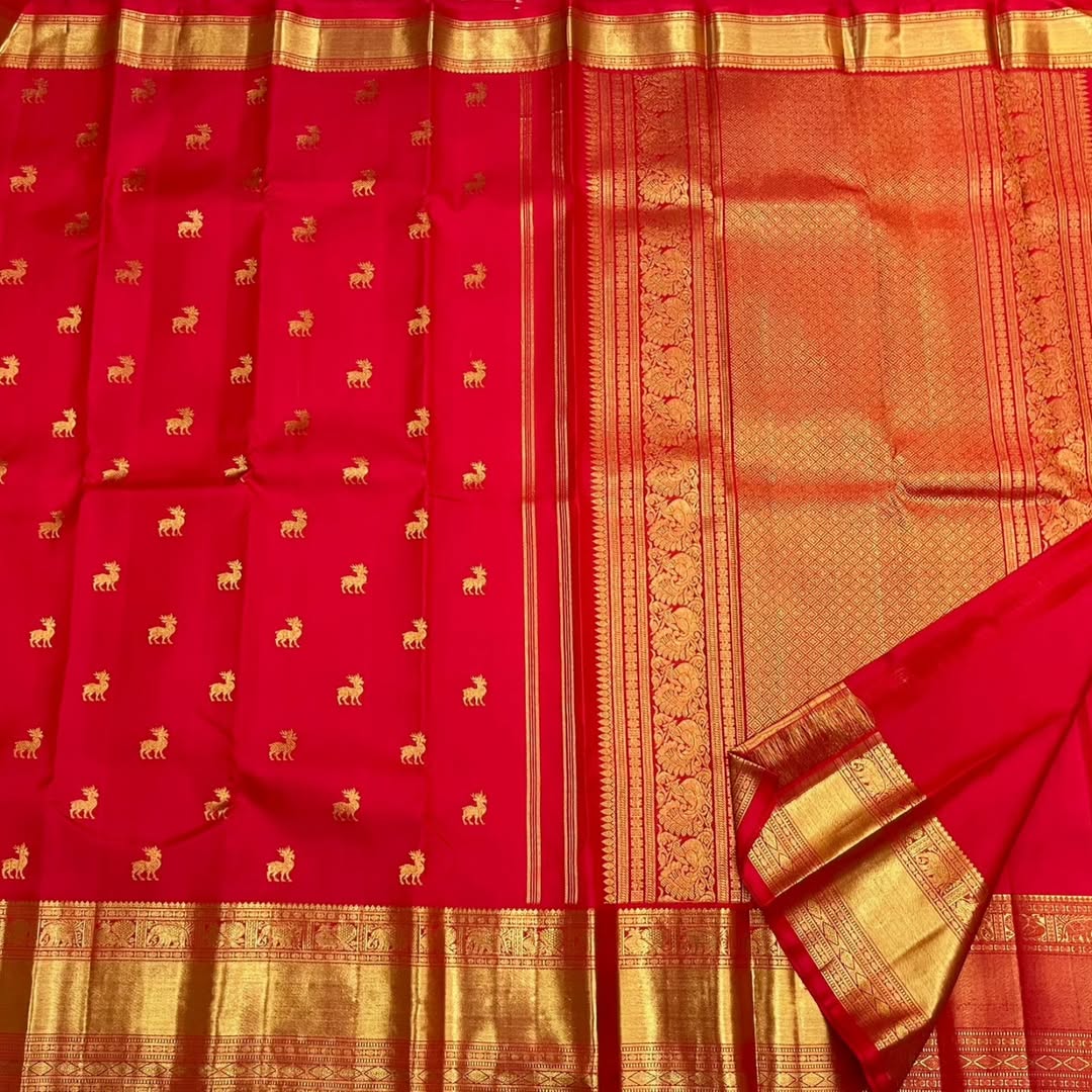Red Pure Kanjivaram Silk Saree with Golden Zari Animal Motifs