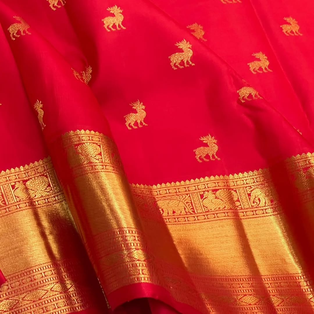 Red Pure Kanjivaram Silk Saree with Golden Zari Animal Motifs