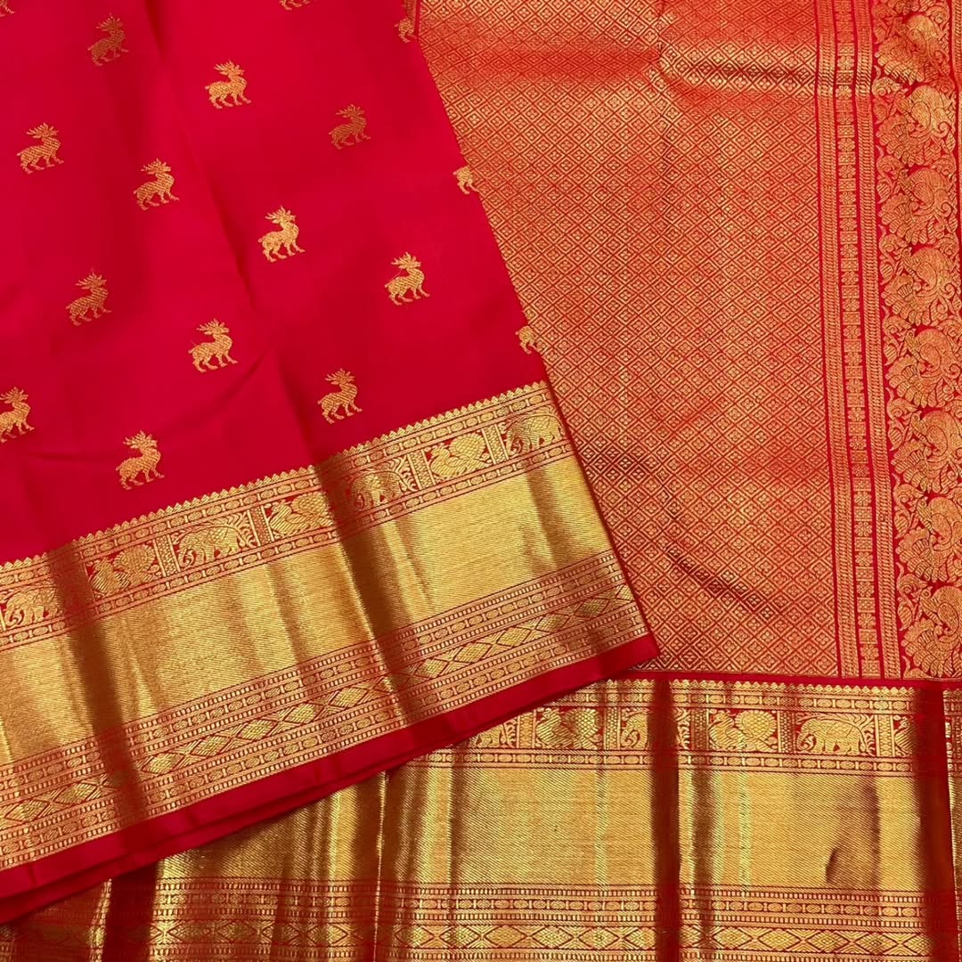 Red Pure Kanjivaram Silk Saree with Golden Zari Animal Motifs