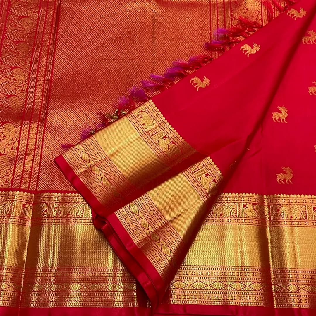 Red Pure Kanjivaram Silk Saree with Golden Zari Animal Motifs