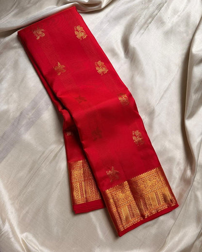 Red and purple animal Banarasi Soft Silk Saree