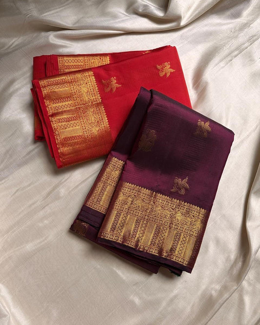 Red and purple animal Banarasi Soft Silk Saree