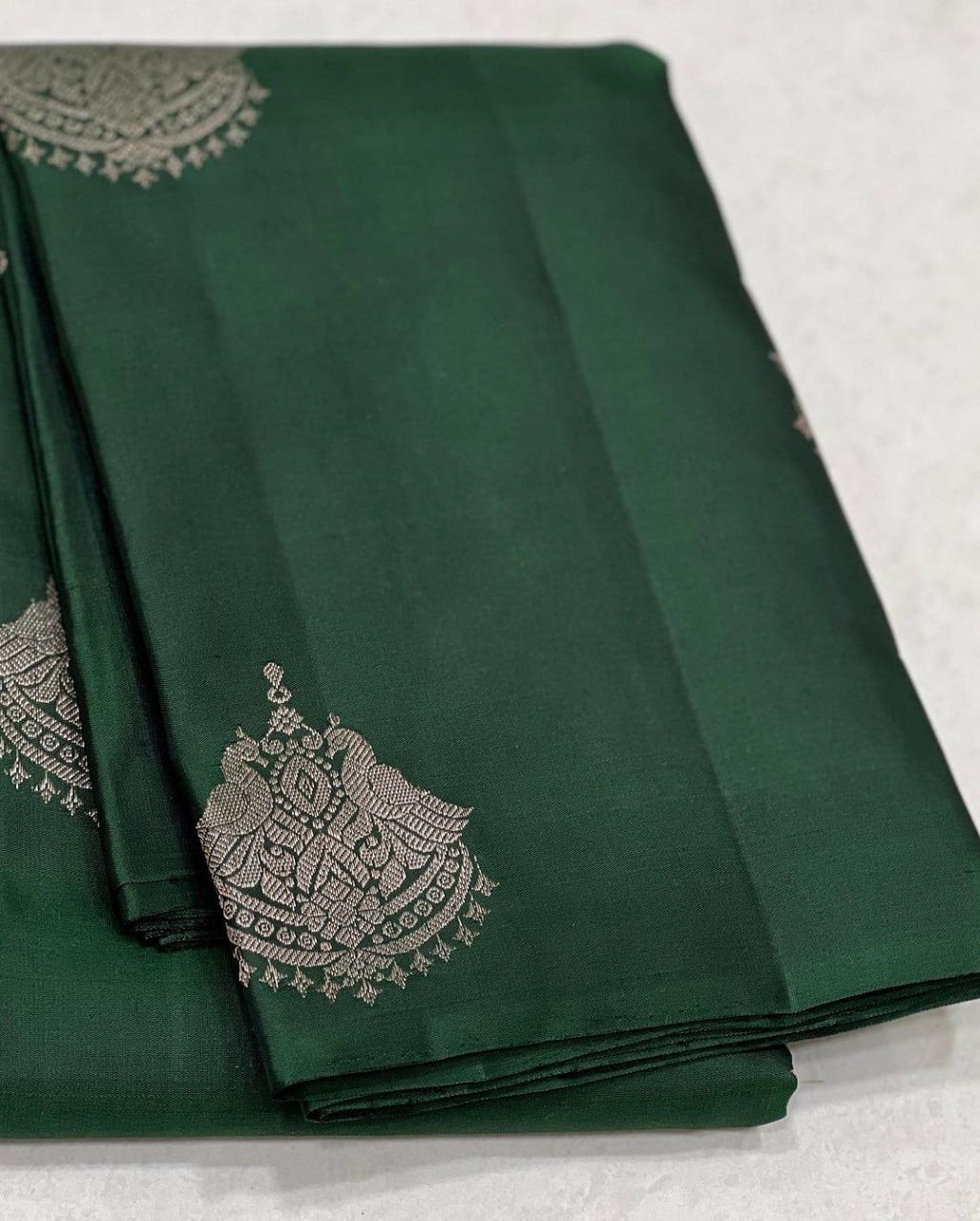 Dark green Banarasi Soft Silk Saree