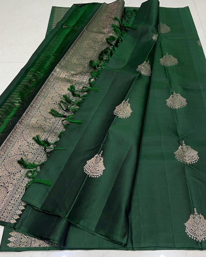Dark green Banarasi Soft Silk Saree