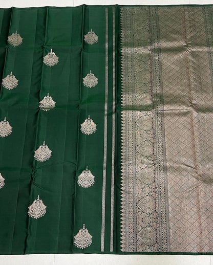 Dark green Banarasi Soft Silk Saree