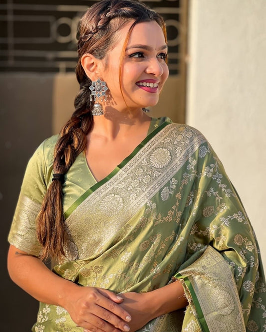 Olive Green Banarasi Silk Saree with Zari Floral Weaving